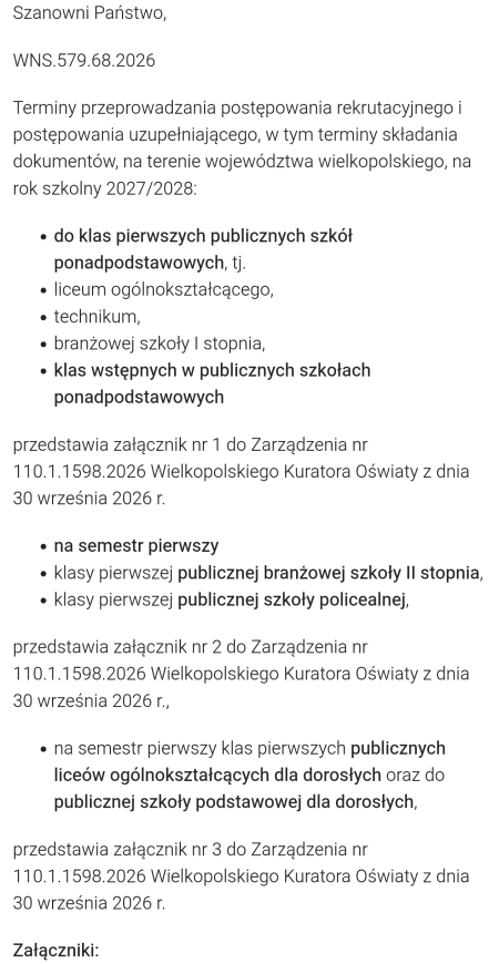 Terminy rekrutacji do szkół ponadpodstawowych na rok szkolny 2027/2028